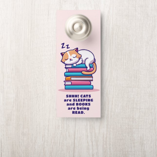 Cat on a Stack of Books Cute Personalised Literary Door Hanger (On Knob)