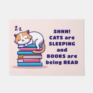 Cat on a Stack of Books Cute Personalised Literary Doormat