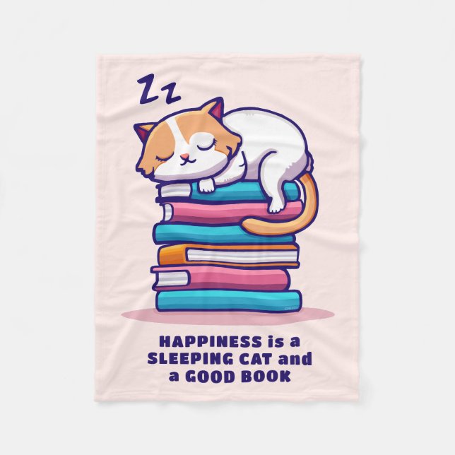 Cat on a Stack of Books Cute Personalised Literary Fleece Blanket (Front)