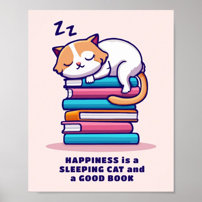 Cat on a Stack of Books Cute Personalised Literary Poster (Front)