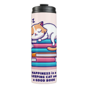 Cat on a Stack of Books Cute Personalized Literary Thermal Tumbler