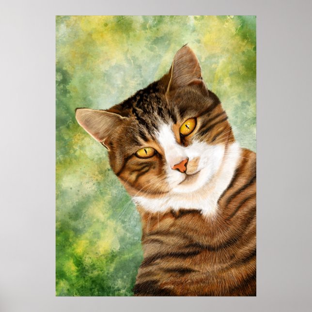 Cat On a Tree Drawing Green Yellow Brown Poster (Front)