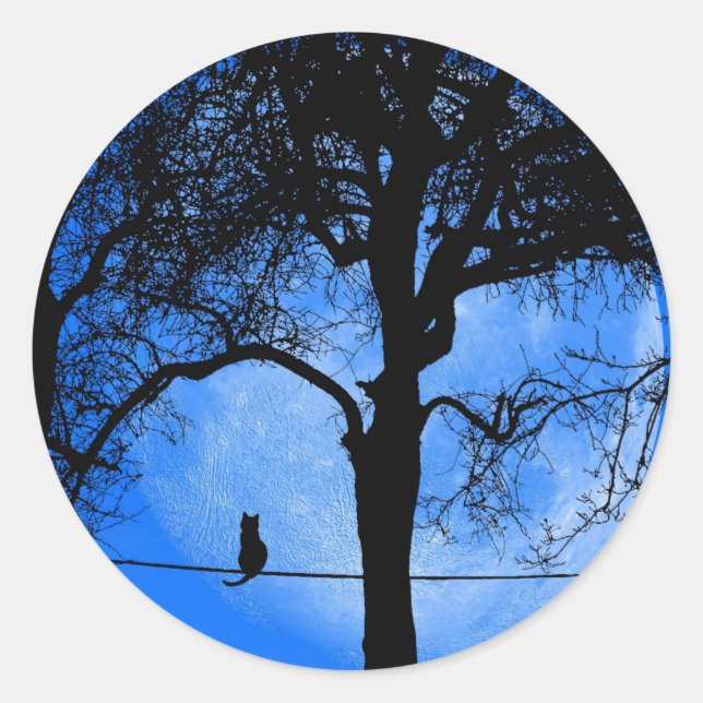 Cat on a Wire Blue Moon Classic Round Sticker (Front)