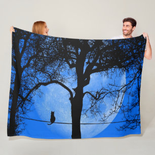 Cat on a Wire Blue Moon Fleece Blanket