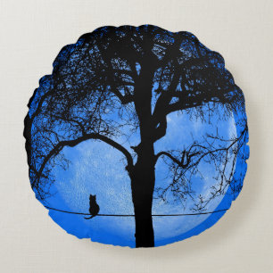 Cat on a Wire Blue Moon Round Cushion
