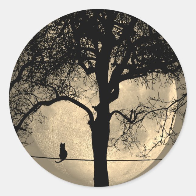 Cat on a Wire Full Moon Classic Round Sticker (Front)