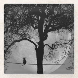 Cat on a Wire Full Moon Glass Coaster