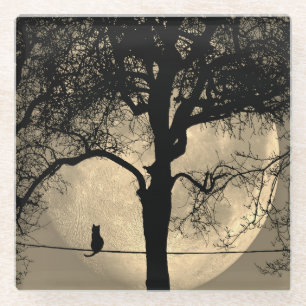 Cat on a Wire Full Moon Glass Coaster