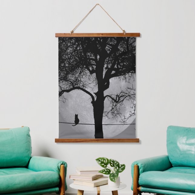 Cat on a Wire Full Moon Hanging Tapestry (Living Room)