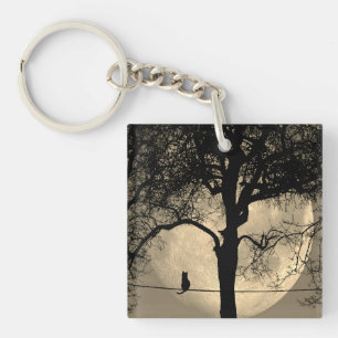Cat on a Wire Full Moon Key Ring