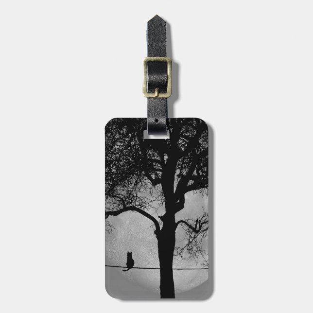 Cat on a Wire Full Moon Luggage Tag (Front Vertical)