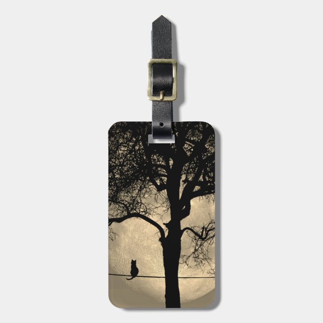 Cat on a Wire Full Moon Luggage Tag (Front Vertical)
