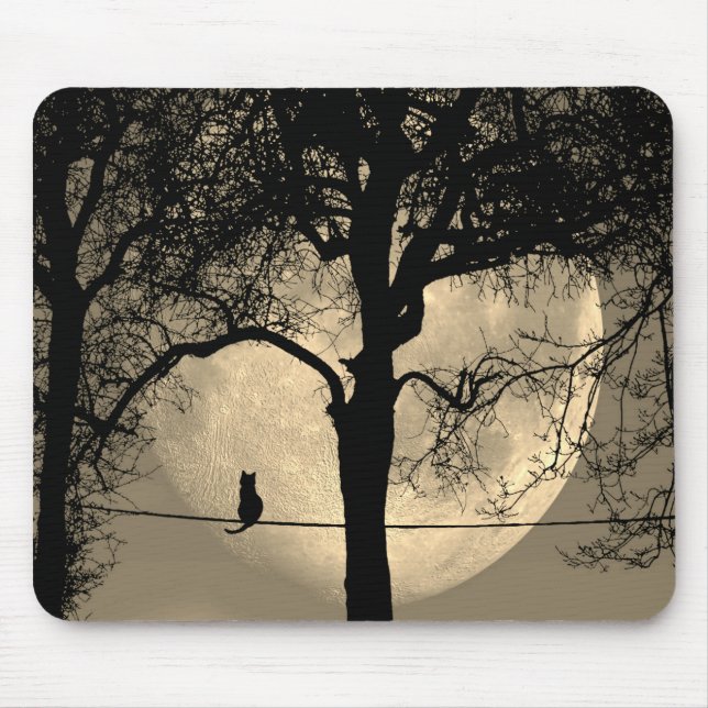 Cat on a Wire Full Moon Mouse Pad (Front)