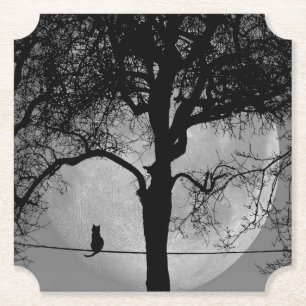Cat on a Wire Full Moon Paper Coaster
