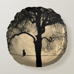 Cat on a Wire Full Moon Round Cushion