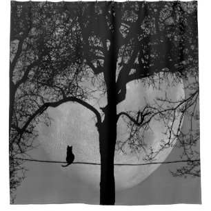 Cat on a Wire Full Moon Shower Curtain