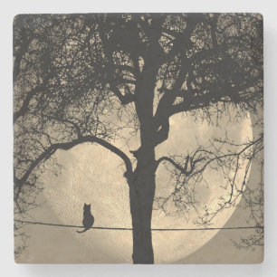 Cat on a Wire Full Moon Stone Coaster