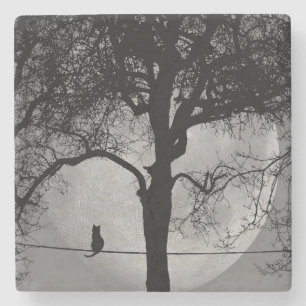 Cat on a Wire Full Moon Stone Coaster