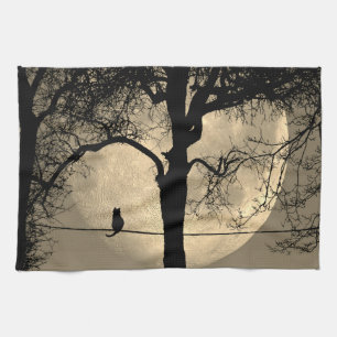 Cat on a Wire Full Moon Tea Towel