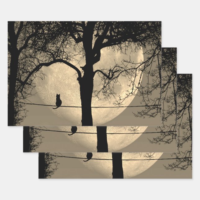 Cat on a Wire Full Moon Wrapping Paper Sheet (Set)