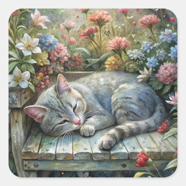 Cat on Bench Square Sticker (Front)