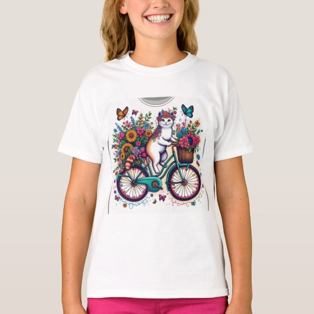 Cat on Bicycle Design T-Shirt (Front)