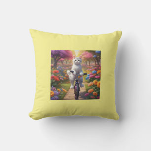 Cat on Bicycle in Colourful Flower Scene Pillow