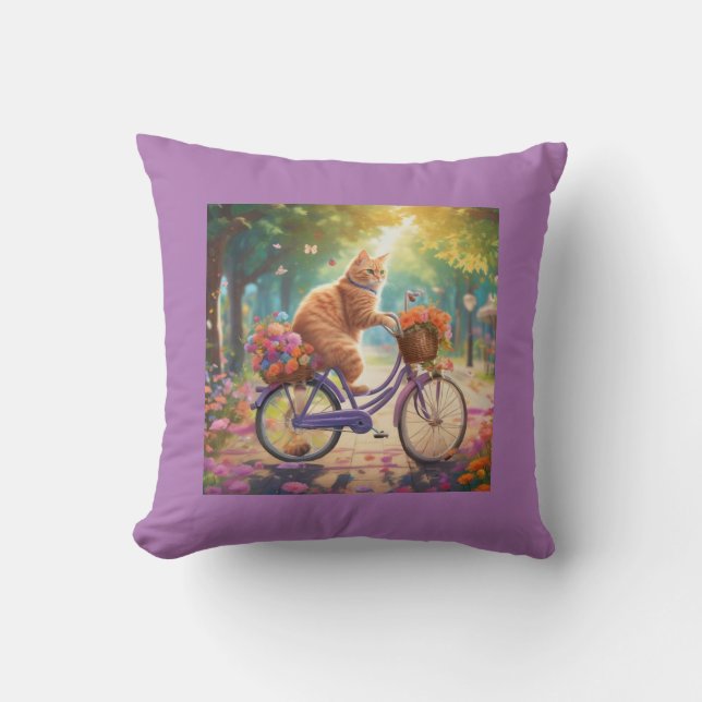 Cat on Bicycle with Colourful Flower Scene Pillow (Front)