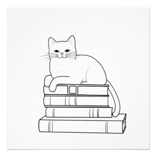 Cat on Books Line Art Photo Print