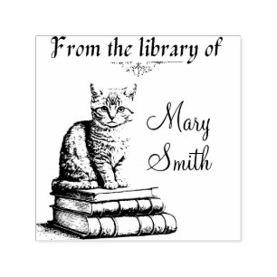 Cat on Books Personalised Self Inking Rubber Stamp