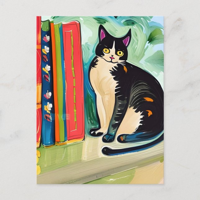 Cat On Bookshelf  Postcard (Front)