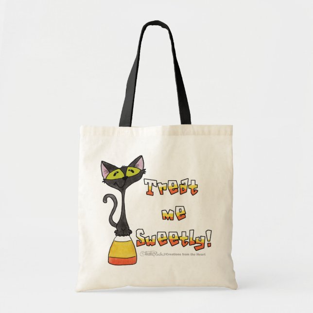 Cat on Candy Corn-Treat Me Sweetly Tote Bag (Front)