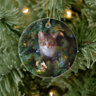 Cat on Christmas tree Ceramic Tree Decoration