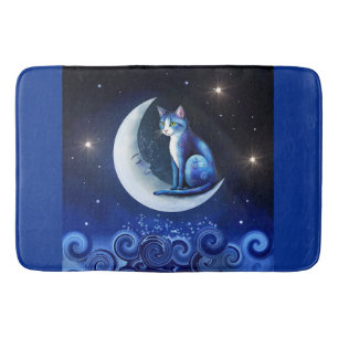 Cat on Crescent Moon blue Cat 773 Bath Mat