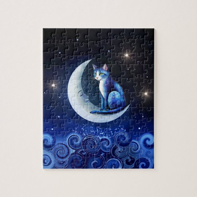 Cat on Crescent Moon blue Cat 773 Jigsaw Puzzle (Vertical)