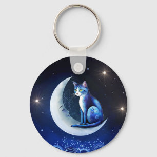 Cat on Crescent Moon blue Cat 773 Key Ring