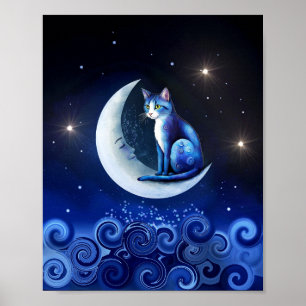 Cat on Crescent Moon blue Cat 773 Poster