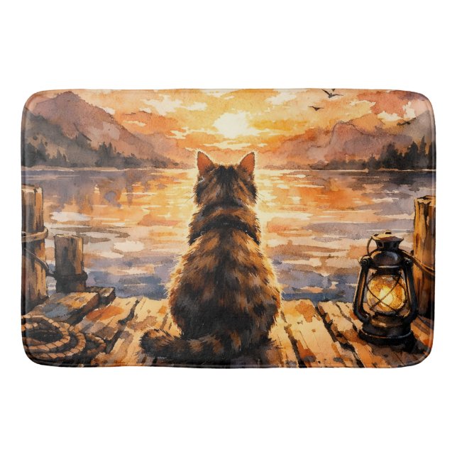 Cat on Dock at Sunset Bath Mat (Front)