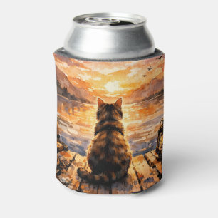 Cat on Dock at Sunset Can Cooler