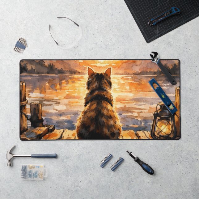 Cat on Dock at Sunset Desk Mat (Workstation)