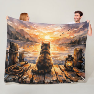 Cat on Dock at Sunset Fleece Blanket