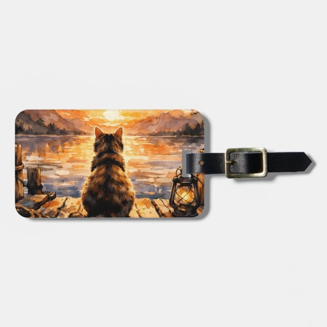 Cat on Dock at Sunset Luggage Tag (Front Horizontal)