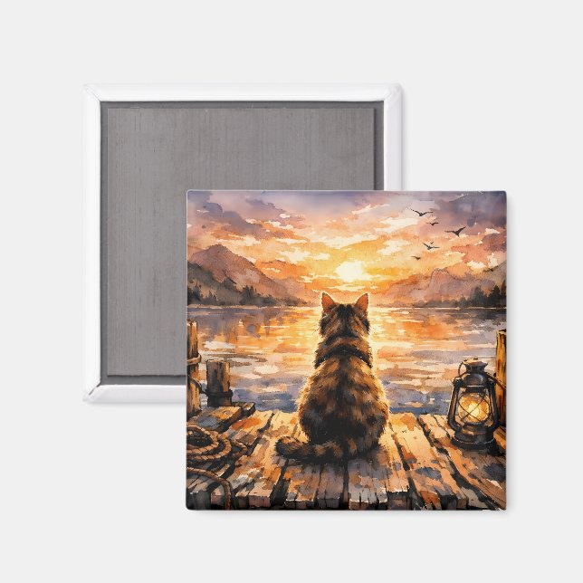Cat on Dock at Sunset Magnet (Front/Back)