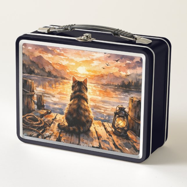 Cat on Dock at Sunset Metal Lunch Box (Front)