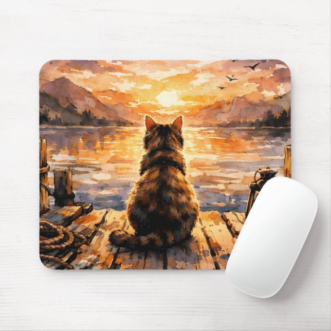 Cat on Dock at Sunset Mouse Pad (With Mouse)