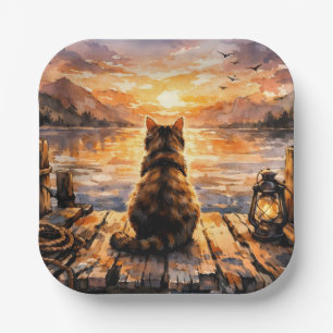 Cat on Dock at Sunset Paper Plate