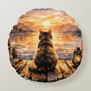 Cat on Dock at Sunset Round Cushion