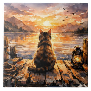 Cat on Dock at Sunset Tile