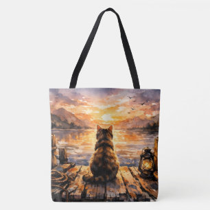 Cat on Dock at Sunset Tote Bag