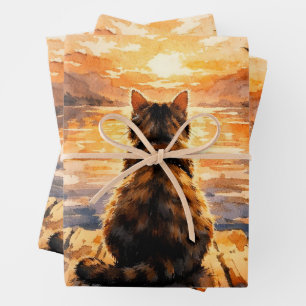 Cat on Dock at Sunset Wrapping Paper Sheet